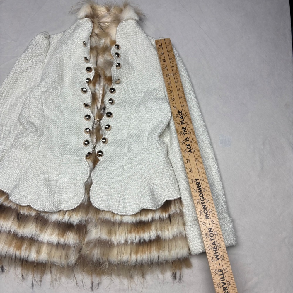 Cream Tweed Faux Fur Lined Peplum Jacket Gold Buttons Silk Blend Sz 4 - Picture 6 of 6